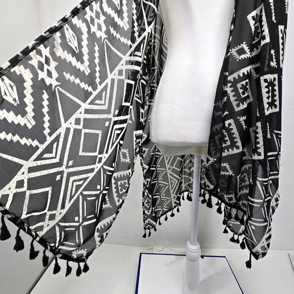 Women's Black White Aztec Tribal Fringe Boho Swim Cover Cardigan Kimono Poncho - Picture 2 of 7